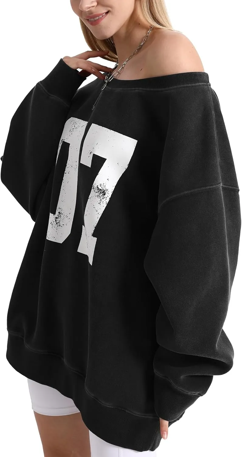 Hatant Off the Shoulder Sweatshirts Womens Graphic Hoodies Jersey Sweatshirts Off Shoulder Sweat Pullover Hoodies for Women
