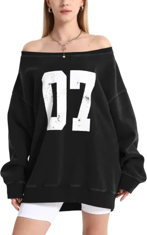 Hatant Off the Shoulder Sweatshirts Womens Graphic Hoodies Jersey Sweatshirts Off Shoulder Sweat Pullover Hoodies for Women