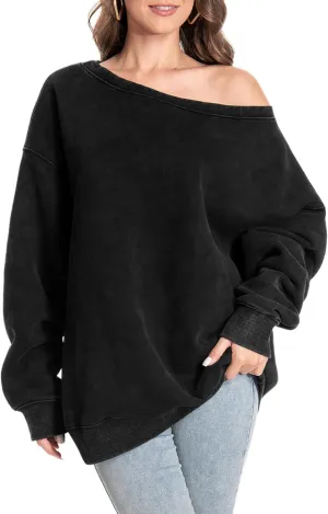 Hatant Womens Off the Shoulder Oversized Sweatshirts One Shoulder Sweatshirts for Women Fashion Hoodies Pullover Sweater Tops