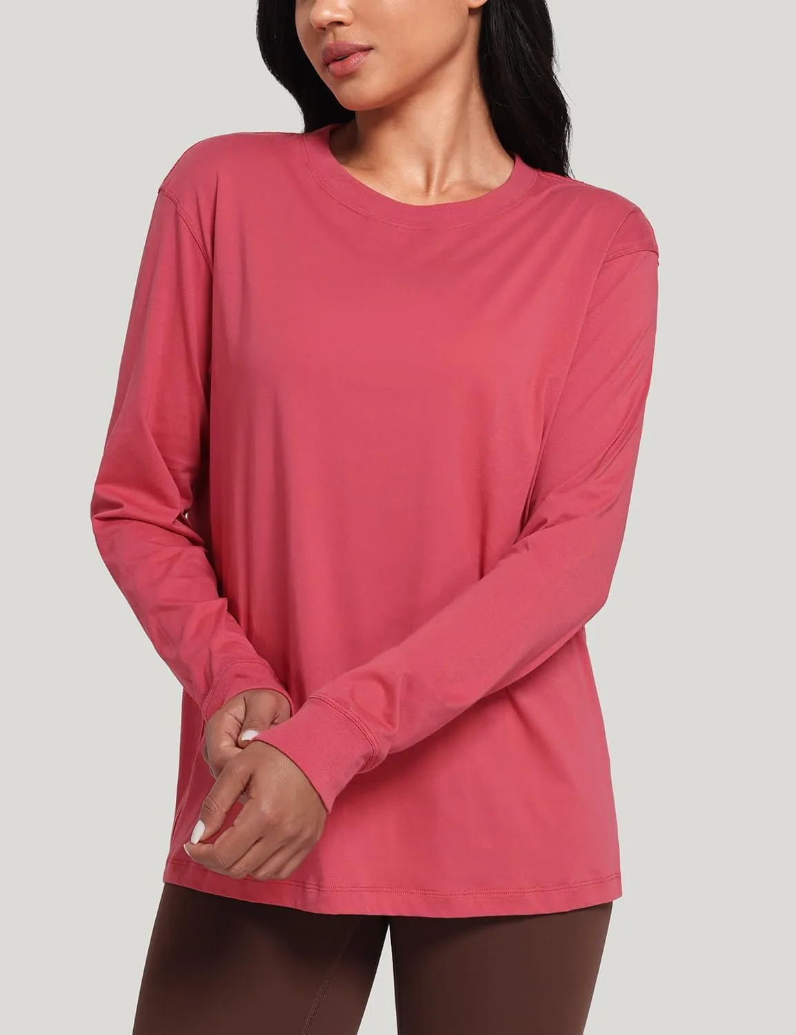 HeyNuts Pima Cotton Workout Long Sleeve Shirts for Women Crew Neck Athletic Basic Shirts Casual Tops