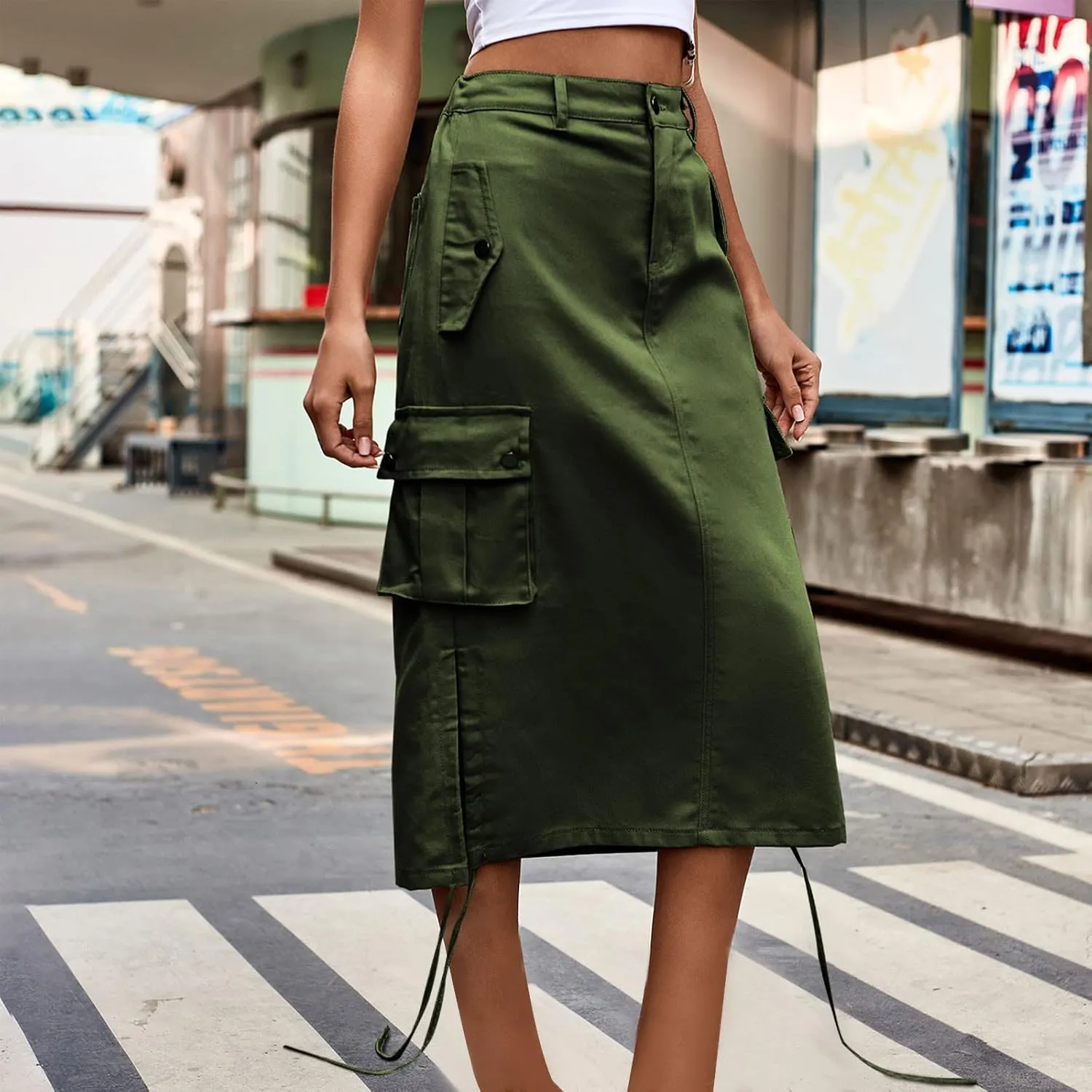 HGps8w Y2K Long Cargo Denim Skirt for Women Casual Elastic Waist Drawstring Hem Midi Skirts Streetwear with Pockets