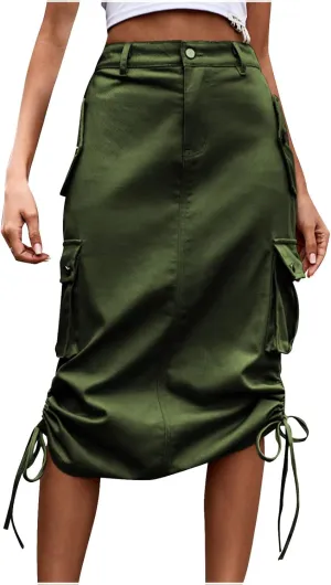 HGps8w Y2K Long Cargo Denim Skirt for Women Casual Elastic Waist Drawstring Hem Midi Skirts Streetwear with Pockets