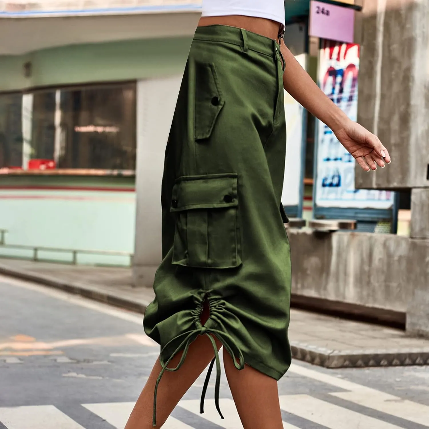HGps8w Y2K Long Cargo Denim Skirt for Women Casual Elastic Waist Drawstring Hem Midi Skirts Streetwear with Pockets