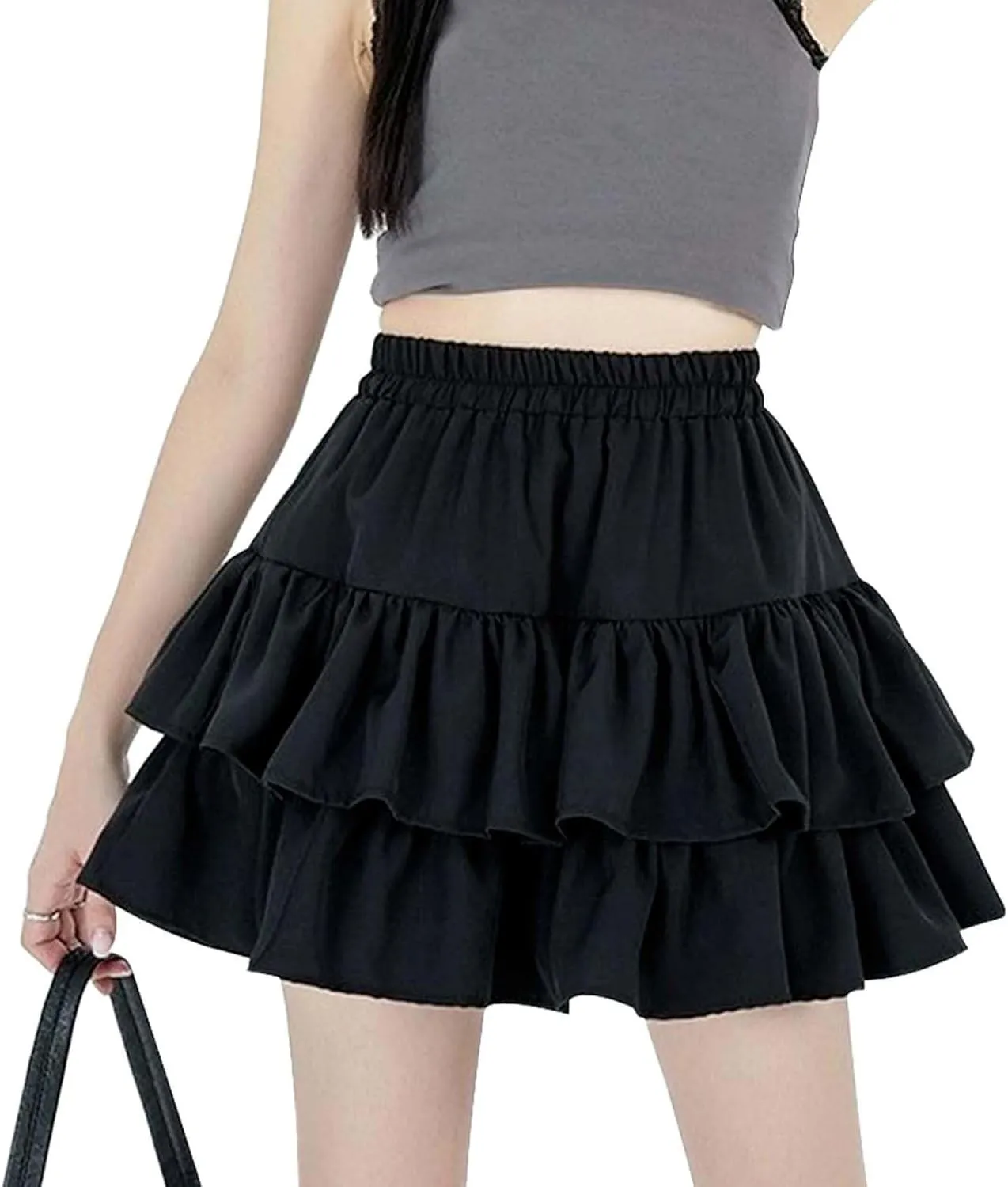 High Waisted Skirts for Women Trendy Y2K Cute Double Ruffle Hem High Elastic Waist Loose A-Line Pleated Mini Skirts