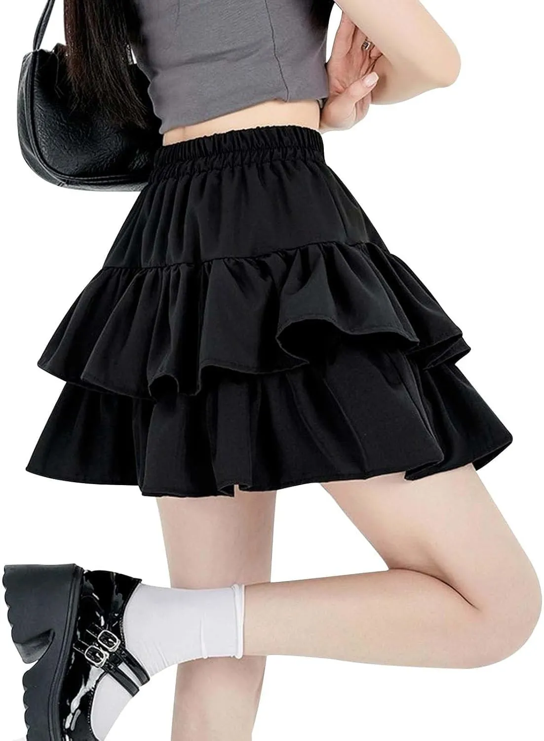 High Waisted Skirts for Women Trendy Y2K Cute Double Ruffle Hem High Elastic Waist Loose A-Line Pleated Mini Skirts