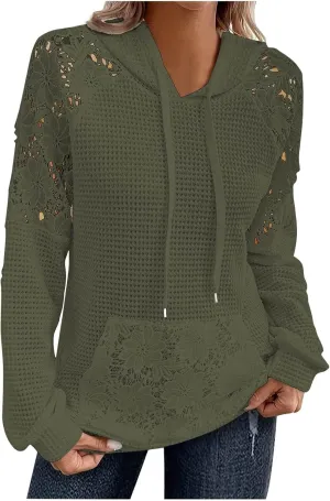 Hoodies For Women Lace Long Sleeve Drawstraing Fashion Sweatshirts Loose Waffle Knit Sweatshirt with Pocket