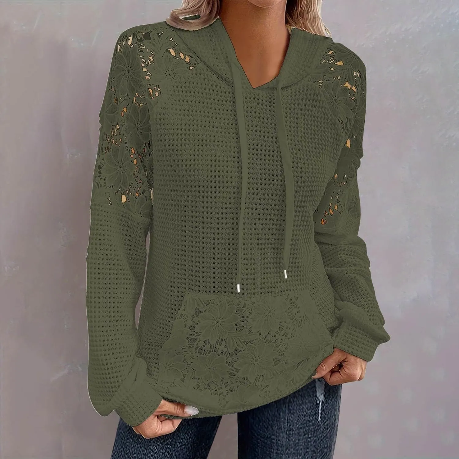 Hoodies For Women Lace Long Sleeve Drawstraing Fashion Sweatshirts Loose Waffle Knit Sweatshirt with Pocket