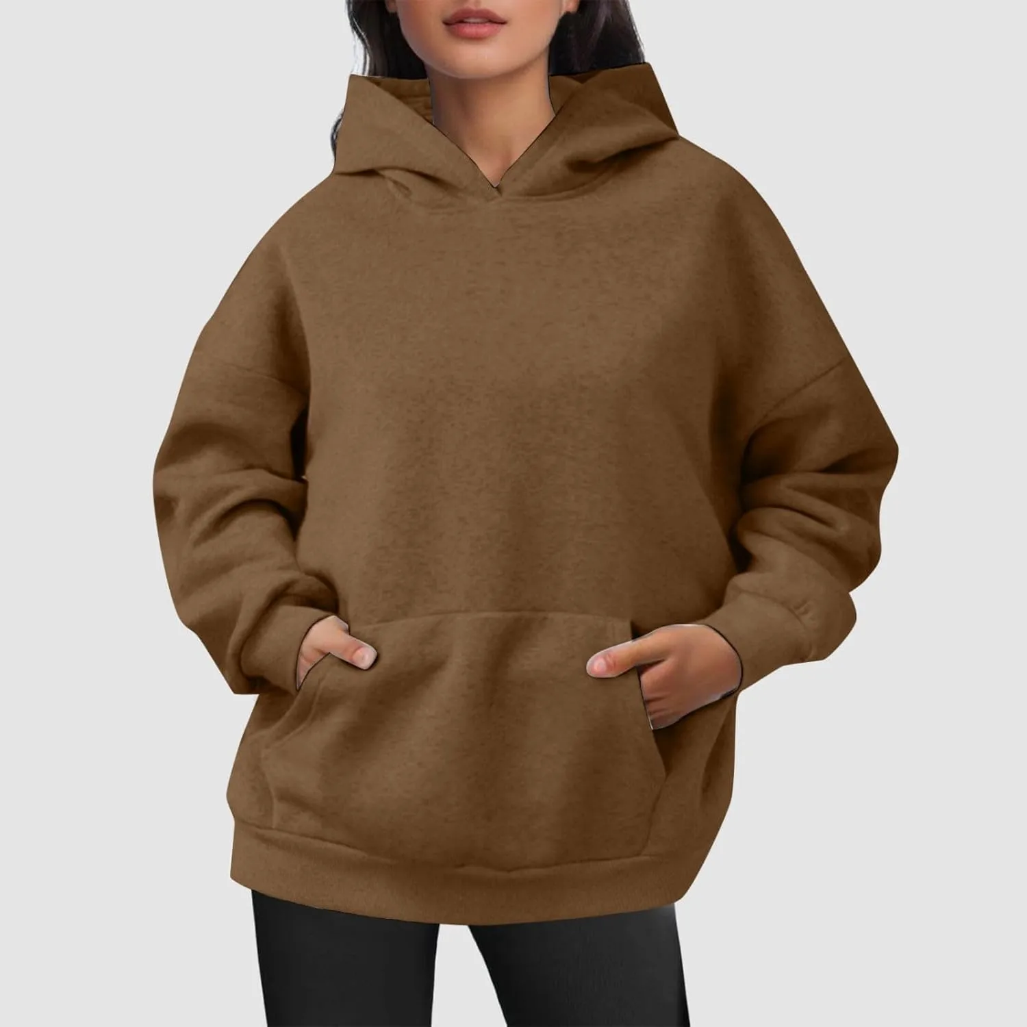 iLH Womens Pullover Hooded Sweatshirts Solid Color Kangaroo Pocket Hoodies For Women Fall Streetwear Leisure Sweatshirts