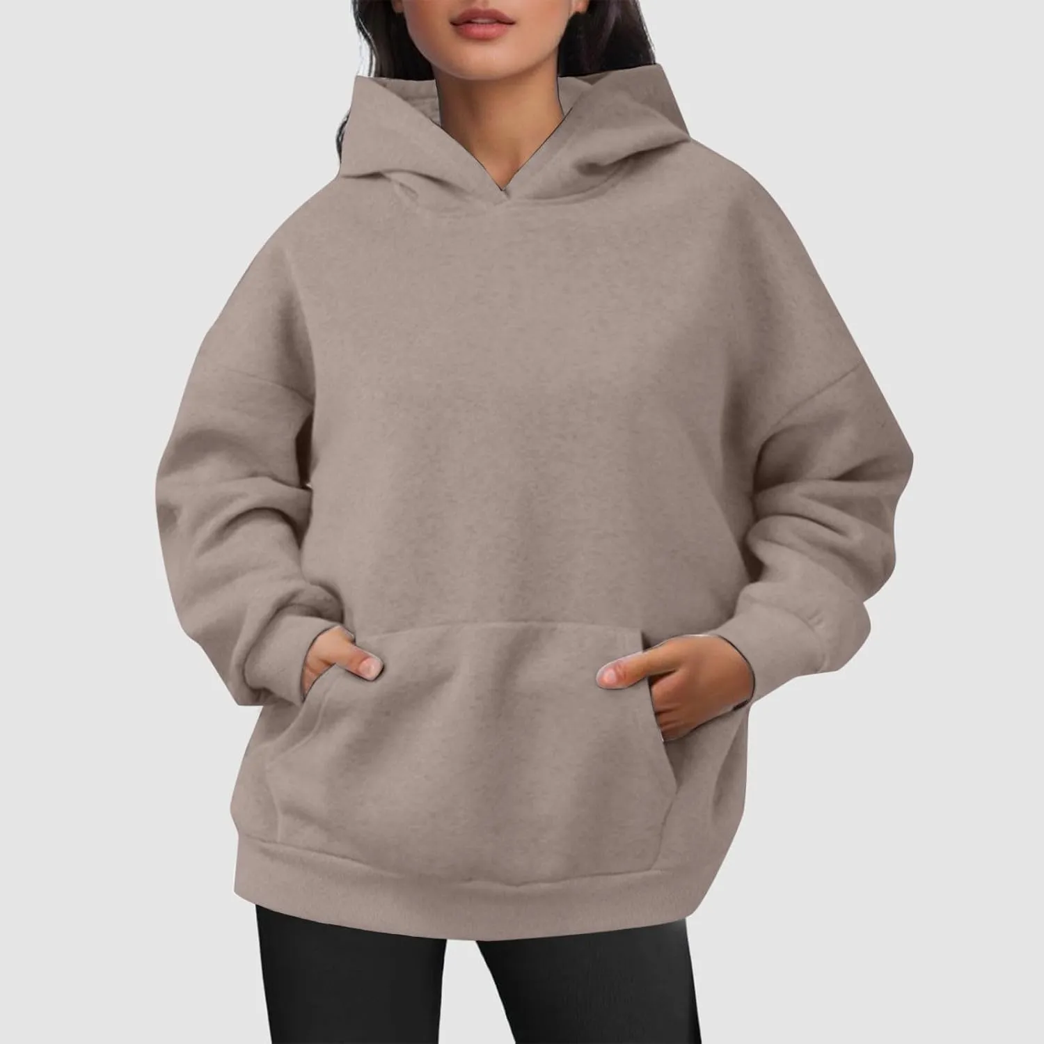 iLH Womens Pullover Hooded Sweatshirts Solid Color Kangaroo Pocket Hoodies For Women Fall Streetwear Leisure Sweatshirts