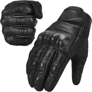 ILM Goatskin Leather Motorcycle Motorbike Powersports Racing Gloves Touchscreen for Men and Women Model DN01(L, Black Perforated)