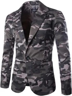 Jacket Blazer for Men, Camo Print Casual Outwear, Notched Collar Slim Fit Suit Jackets