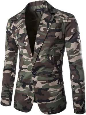 Jacket Blazer for Men, Camo Print Casual Outwear, Notched Collar Slim Fit Suit Jackets