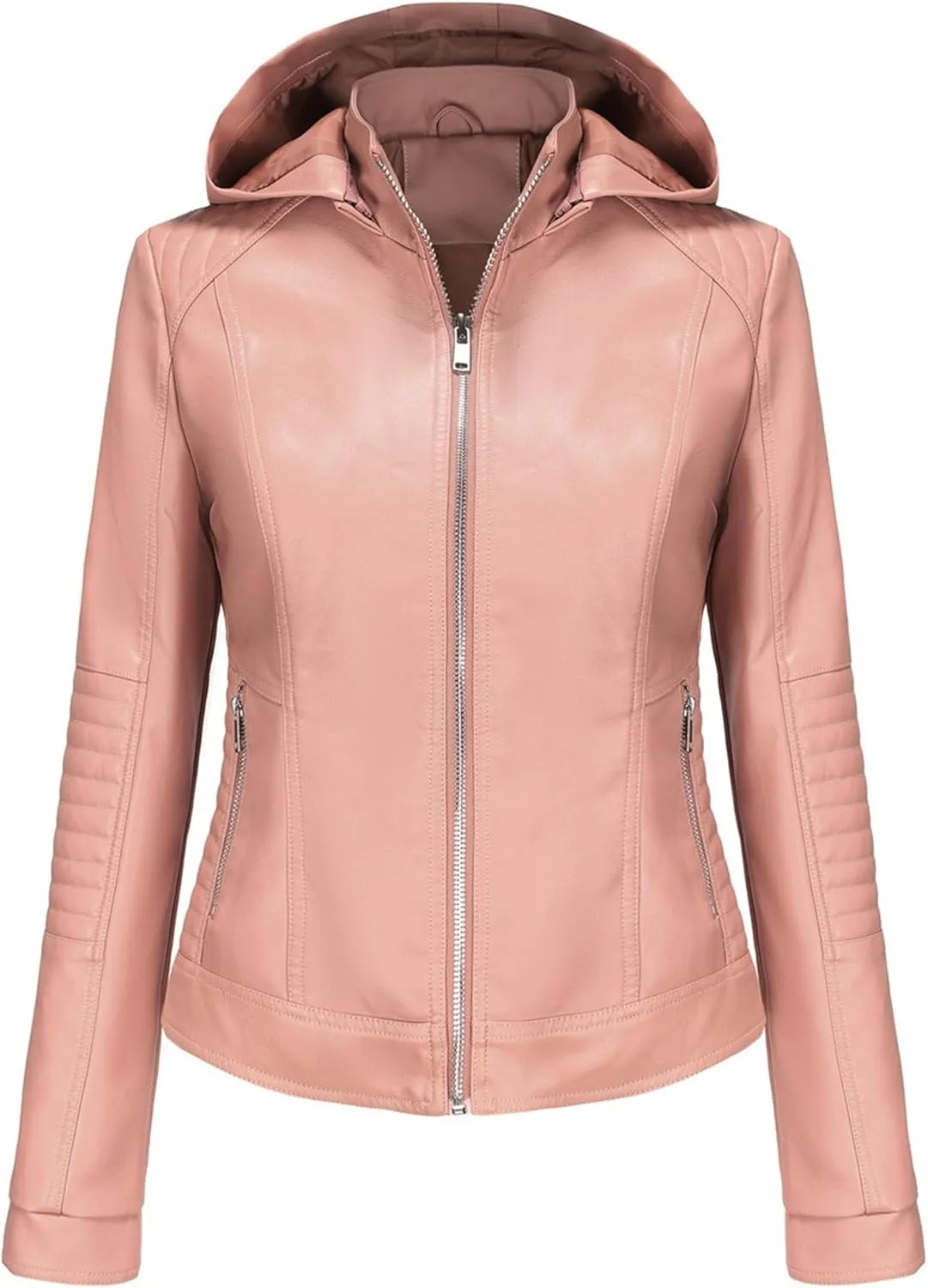 JEKE-DG Women's Classic Faux Leather Coat Removable Hooded Moto Biker Coat Jacket Open Front Cropped Fashion Coats