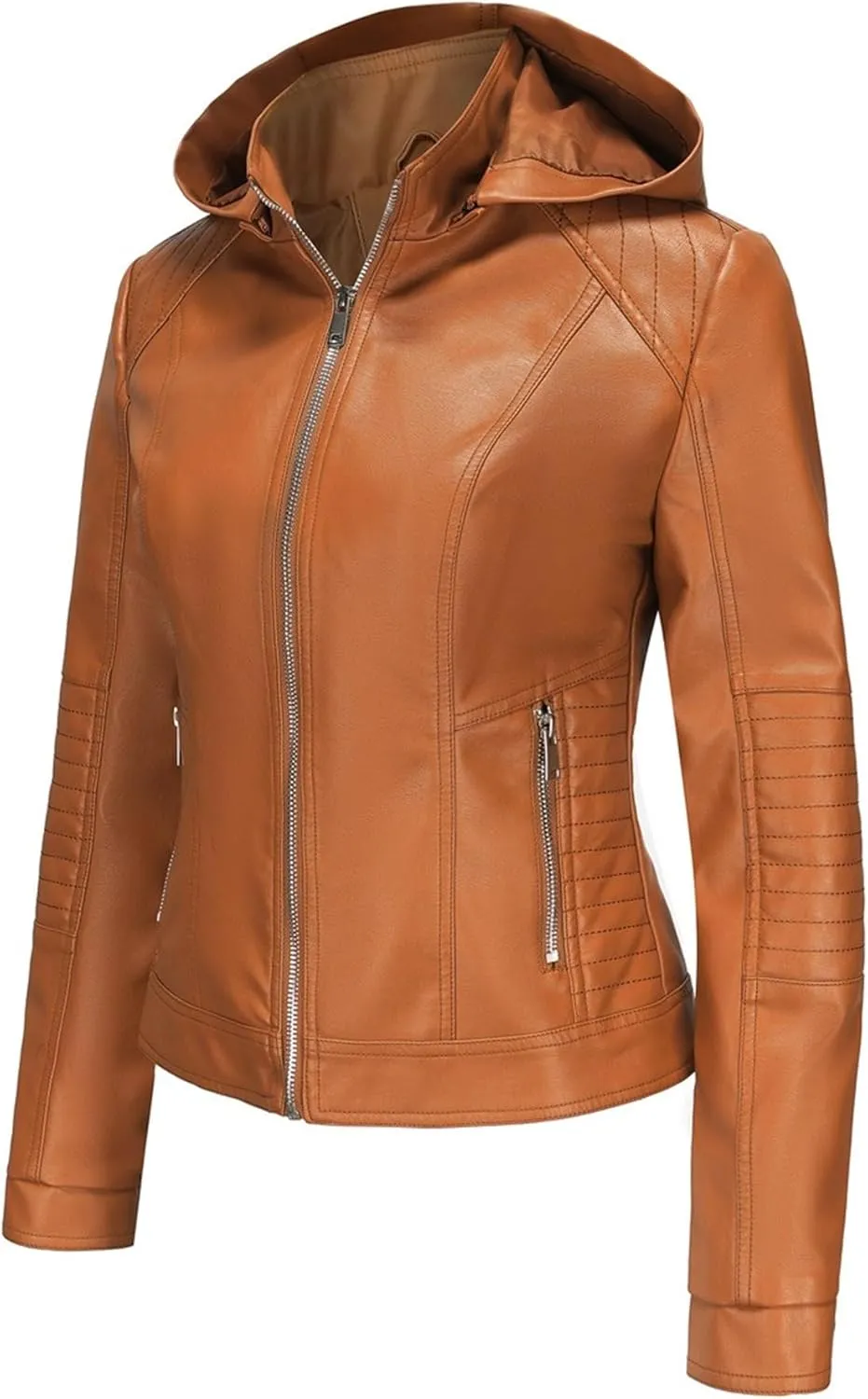 JEKE-DG Women's Classic Faux Leather Coat Removable Hooded Moto Biker Coat Jacket Open Front Cropped Fashion Coats