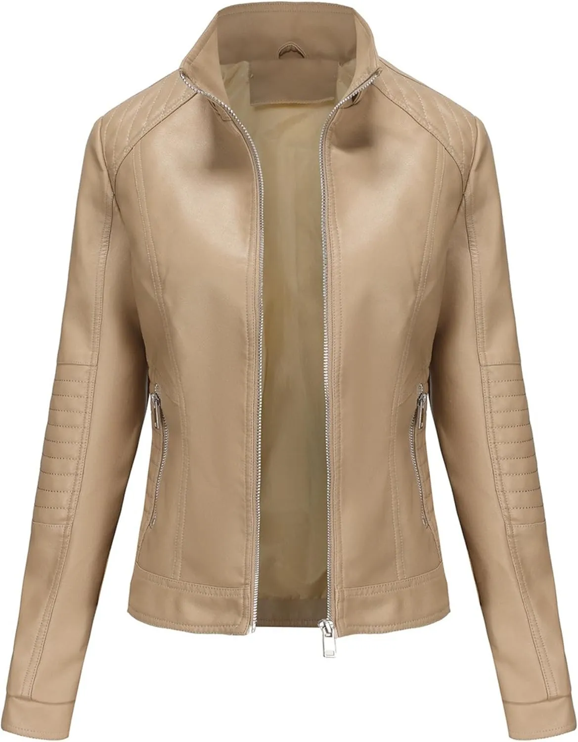 JEKE-DG Women's Classic Faux Leather Coat Removable Hooded Moto Biker Coat Jacket Open Front Cropped Fashion Coats