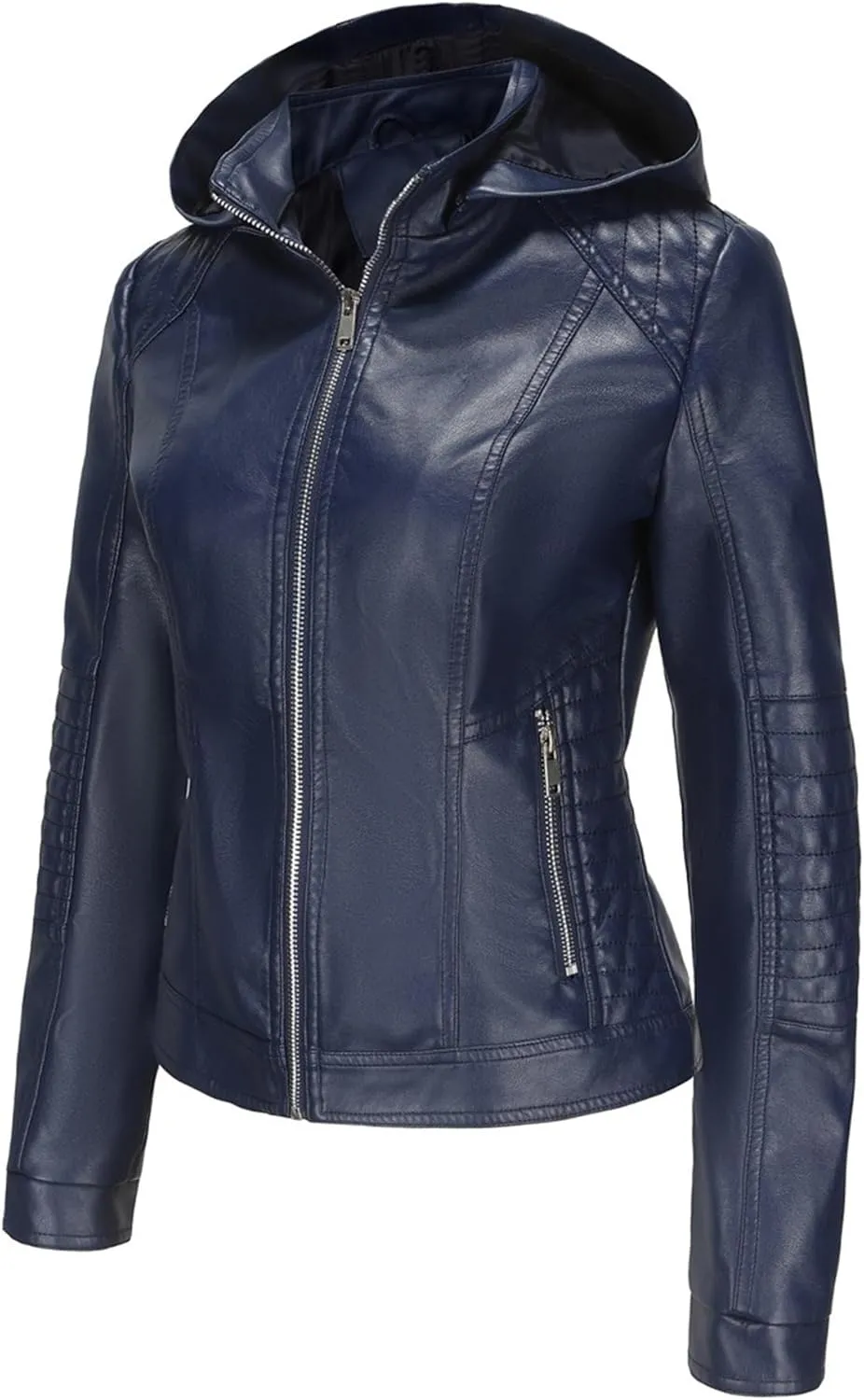 JEKE-DG Women's Classic Faux Leather Coat Removable Hooded Moto Biker Coat Jacket Open Front Cropped Fashion Coats