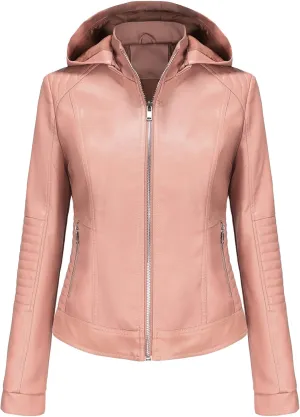 JEKE-DG Women's Classic Faux Leather Coat Removable Hooded Moto Biker Coat Jacket Open Front Cropped Fashion Coats