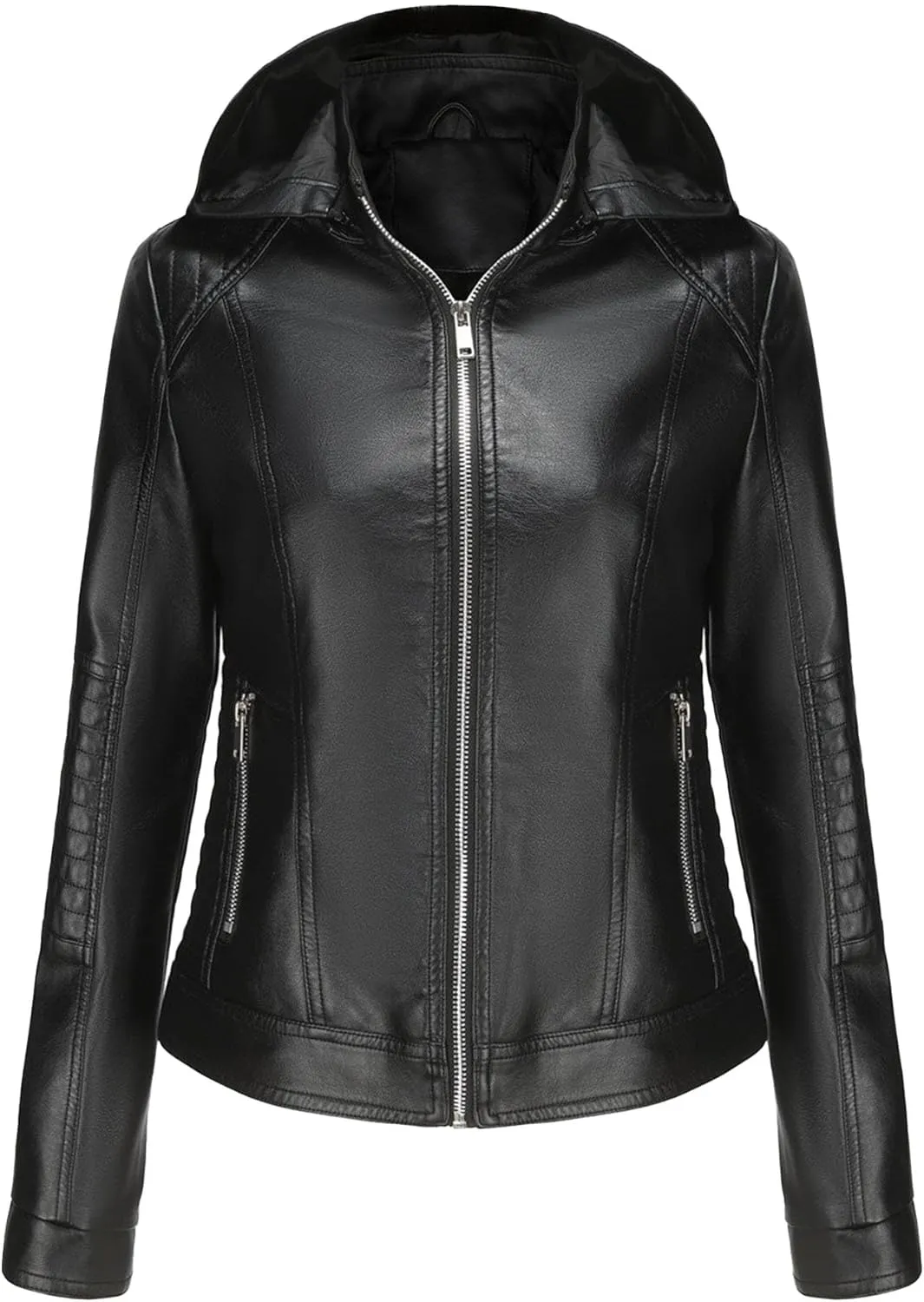 JEKE-DG Women's Classic Faux Leather Coat Removable Hooded Moto Biker Coat Jacket Open Front Cropped Fashion Coats