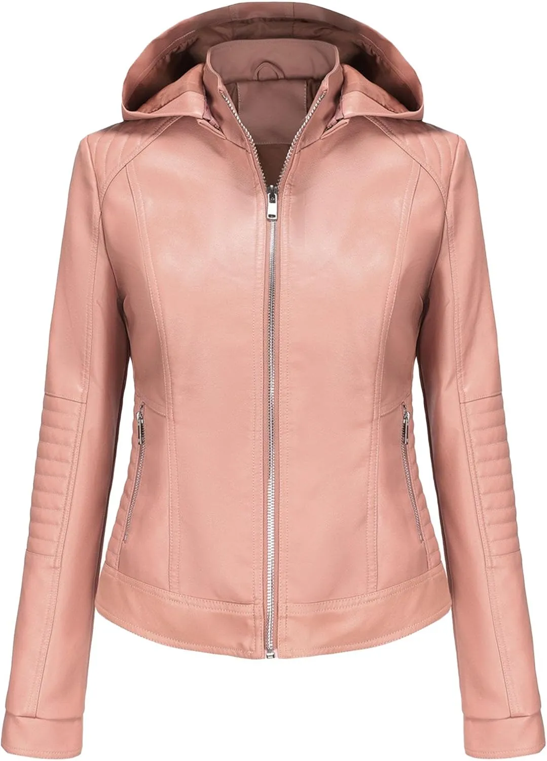 JEKE-DG Women's Classic Faux Leather Coat Removable Hooded Moto Biker Coat Jacket Open Front Cropped Fashion Coats