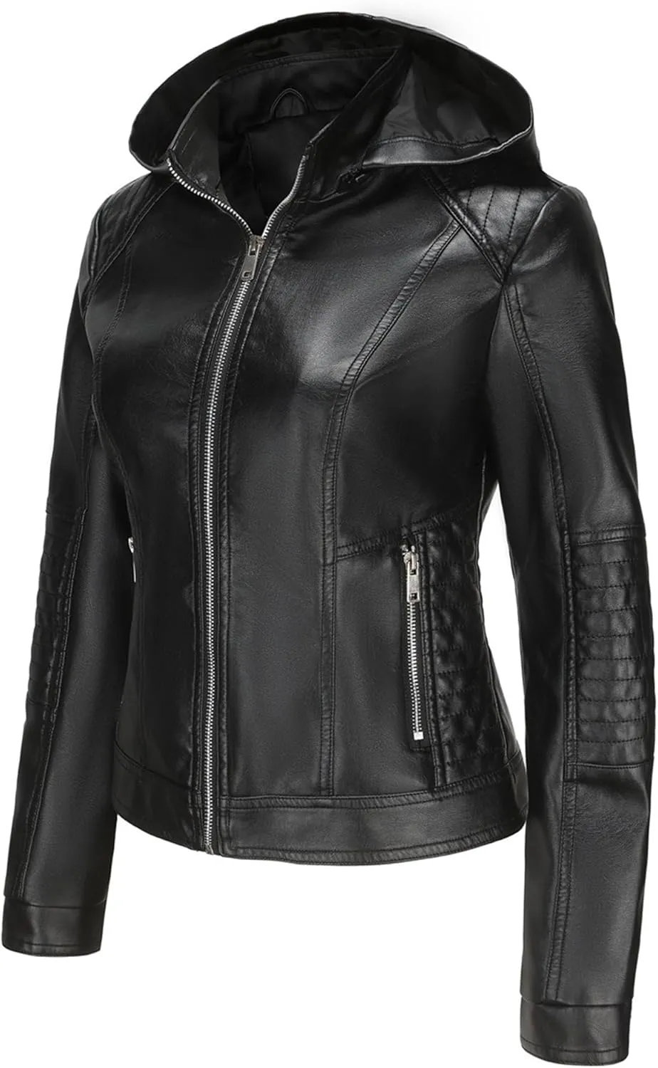 JEKE-DG Women's Classic Faux Leather Coat Removable Hooded Moto Biker Coat Jacket Open Front Cropped Fashion Coats