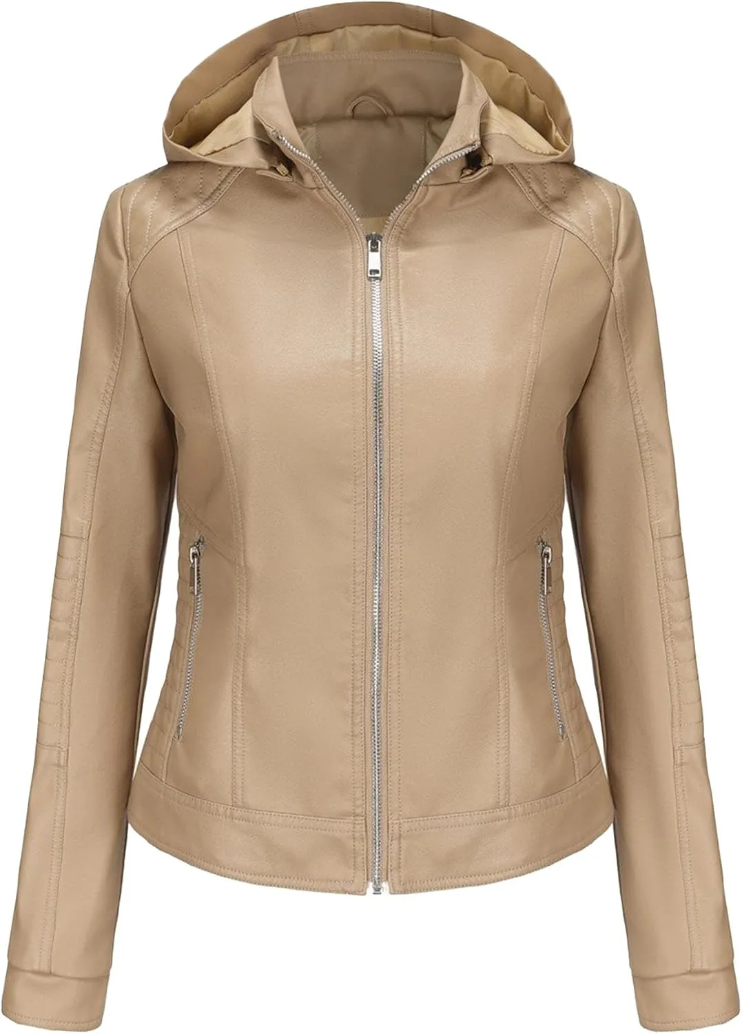 JEKE-DG Women's Classic Faux Leather Coat Removable Hooded Moto Biker Coat Jacket Open Front Cropped Fashion Coats