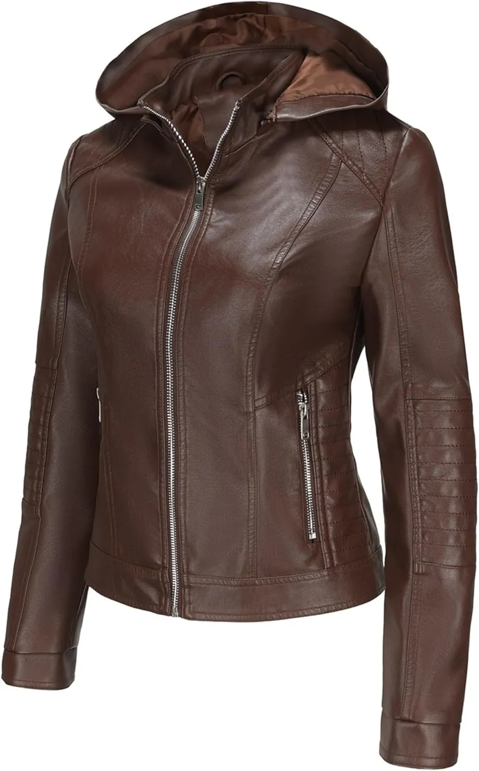 JEKE-DG Women's Classic Faux Leather Coat Removable Hooded Moto Biker Coat Jacket Open Front Cropped Fashion Coats