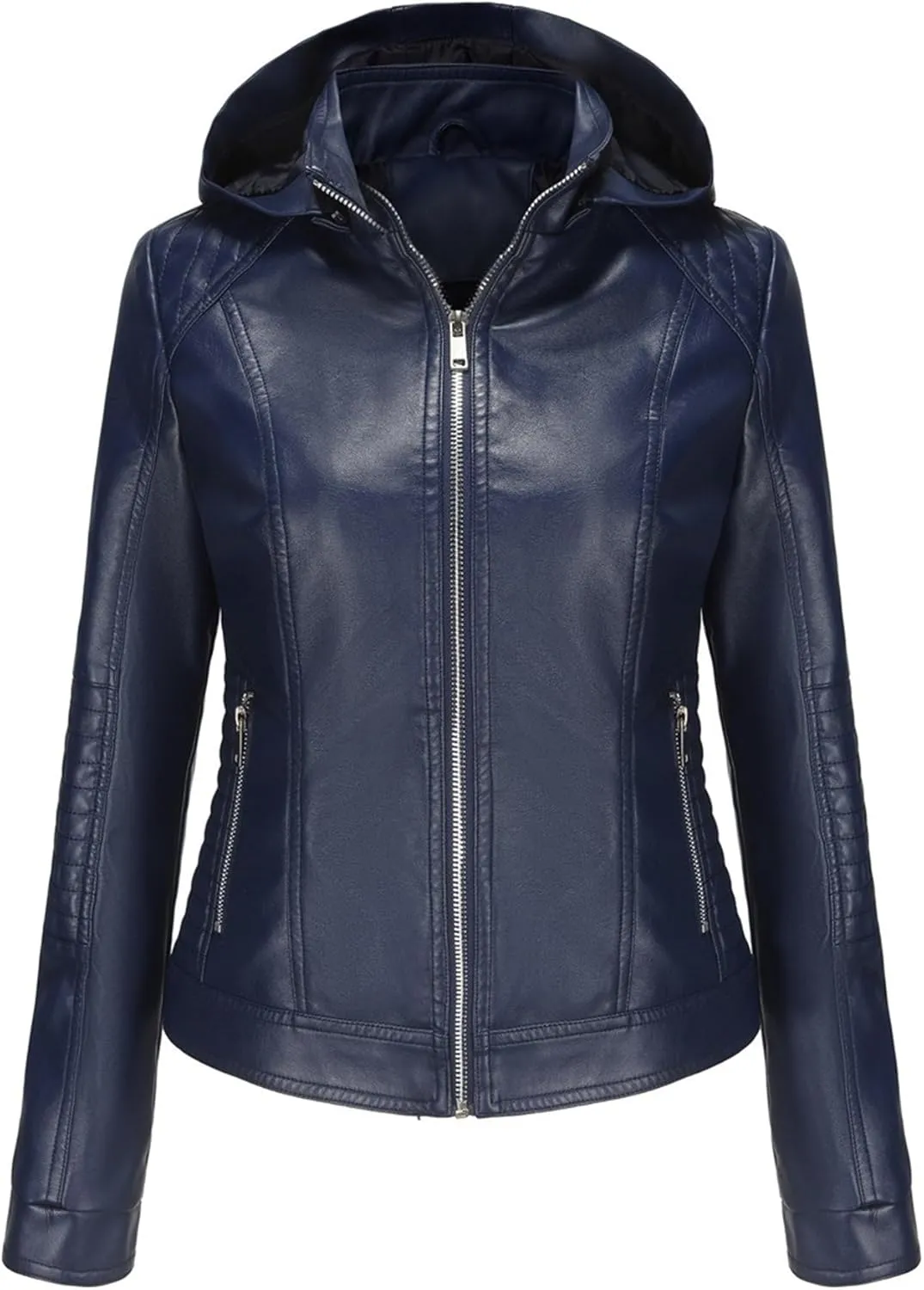 JEKE-DG Women's Classic Faux Leather Coat Removable Hooded Moto Biker Coat Jacket Open Front Cropped Fashion Coats