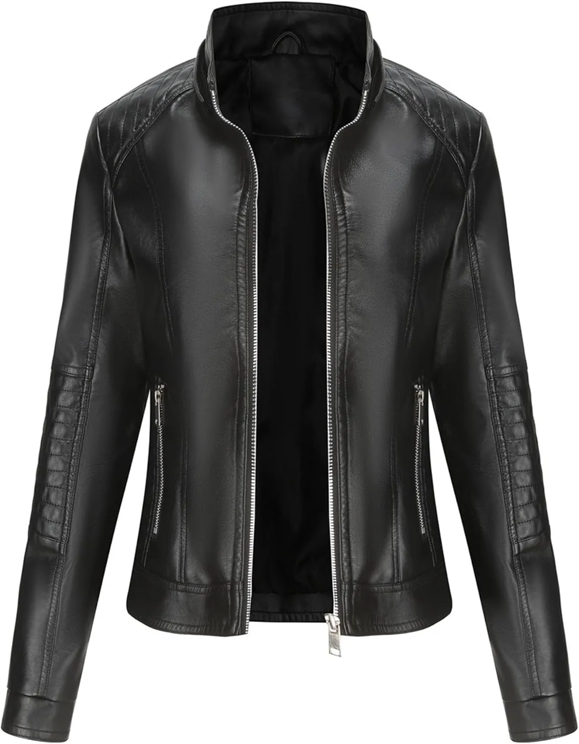 JEKE-DG Women's Classic Faux Leather Coat Removable Hooded Moto Biker Coat Jacket Open Front Cropped Fashion Coats