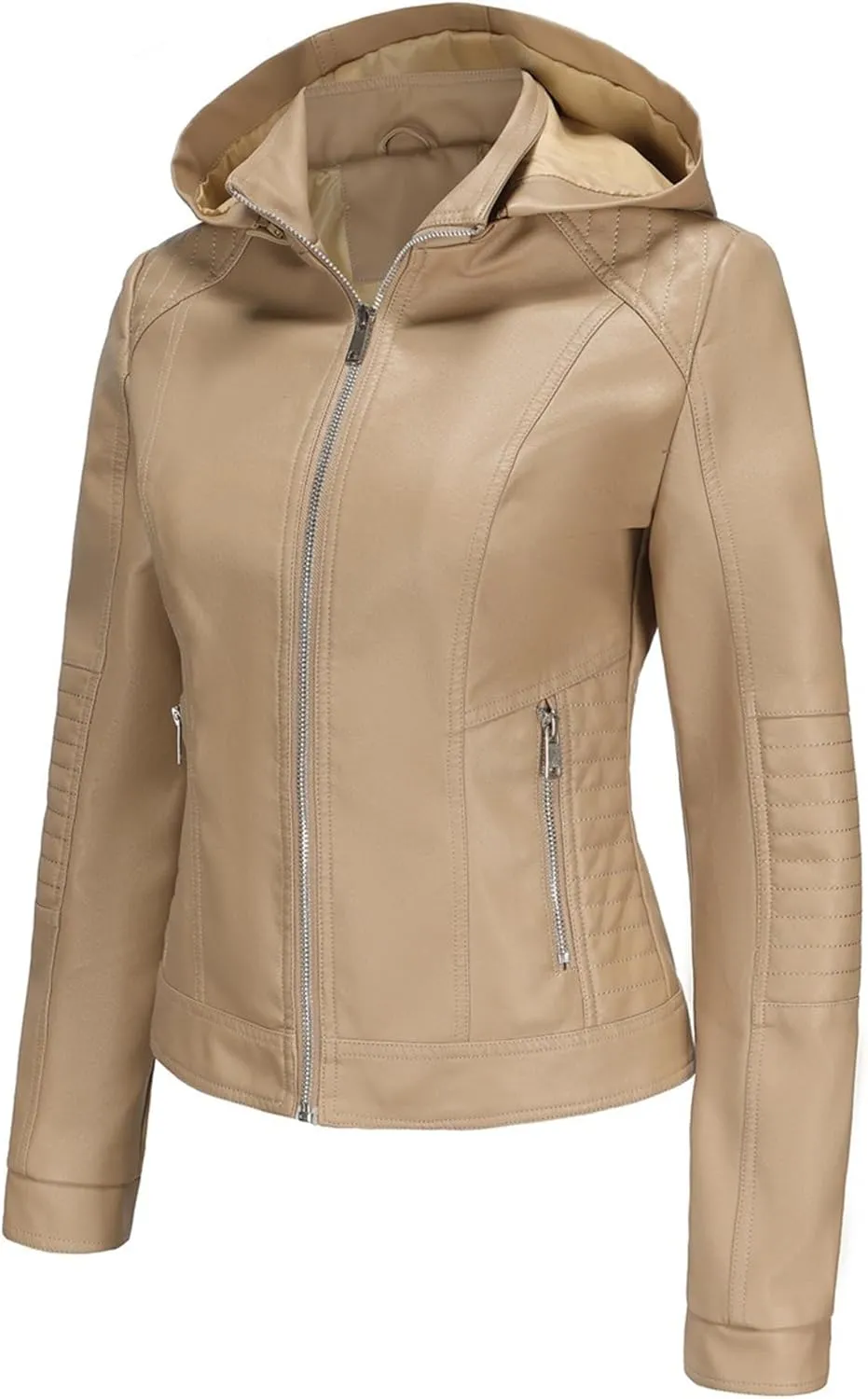 JEKE-DG Women's Classic Faux Leather Coat Removable Hooded Moto Biker Coat Jacket Open Front Cropped Fashion Coats