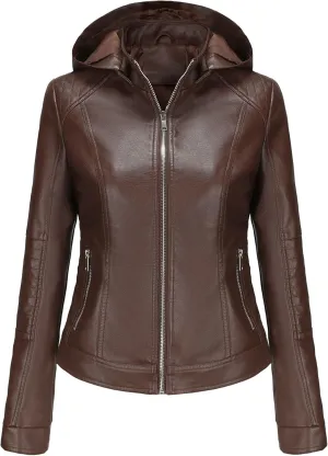 JEKE-DG Women's Classic Faux Leather Coat Removable Hooded Moto Biker Coat Jacket Open Front Cropped Fashion Coats
