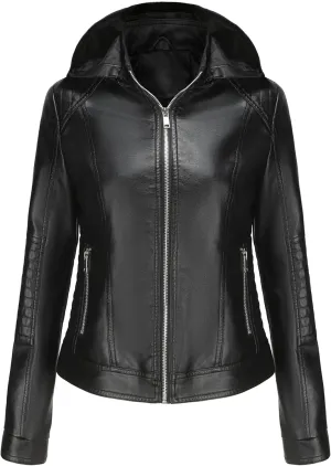 JEKE-DG Women's Classic Faux Leather Coat Removable Hooded Moto Biker Coat Jacket Open Front Cropped Fashion Coats