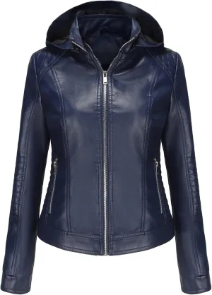 JEKE-DG Women's Classic Faux Leather Coat Removable Hooded Moto Biker Coat Jacket Open Front Cropped Fashion Coats