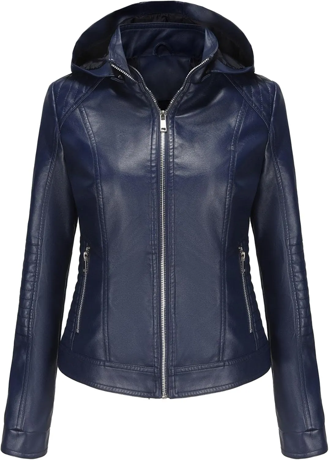JEKE-DG Women's Classic Faux Leather Coat Removable Hooded Moto Biker Coat Jacket Open Front Cropped Fashion Coats