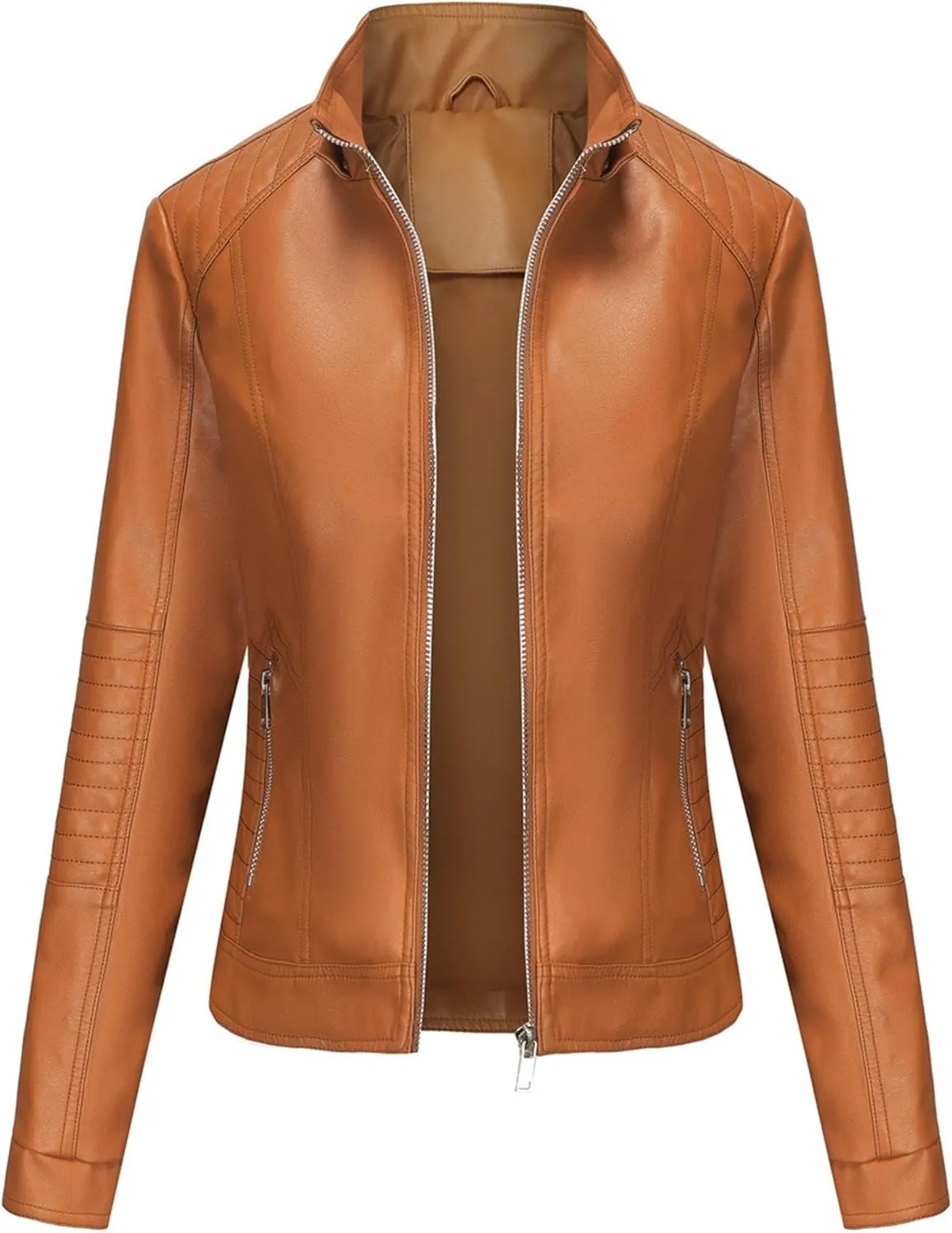JEKE-DG Women's Classic Faux Leather Coat Removable Hooded Moto Biker Coat Jacket Open Front Cropped Fashion Coats