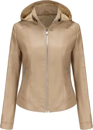 JEKE-DG Women's Classic Faux Leather Coat Removable Hooded Moto Biker Coat Jacket Open Front Cropped Fashion Coats