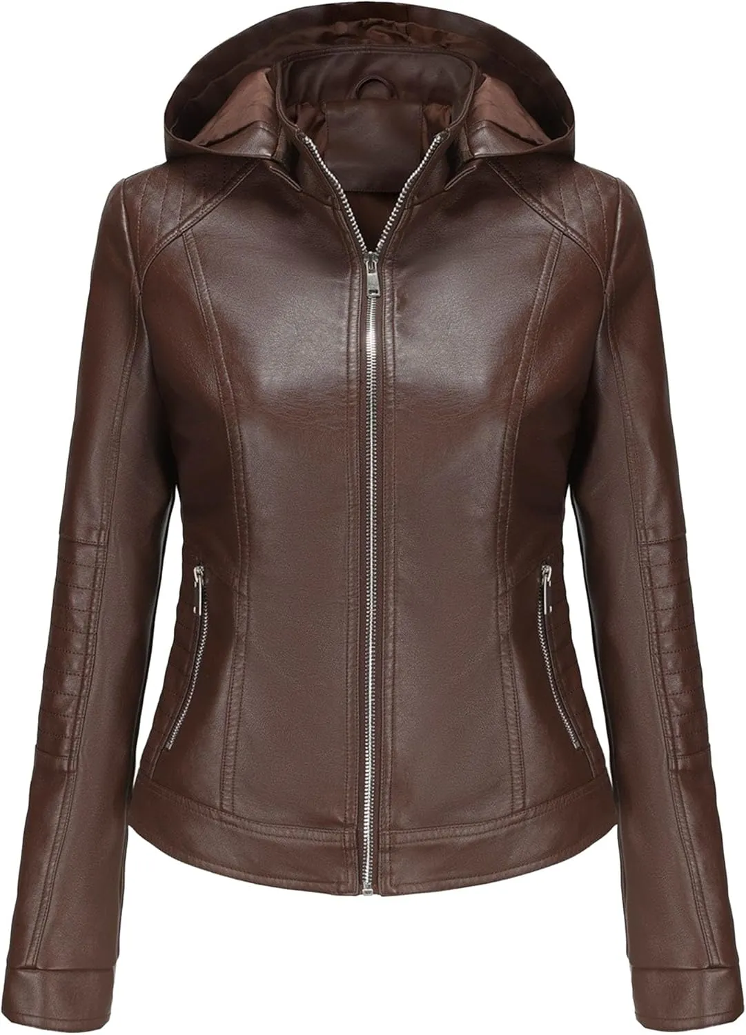 JEKE-DG Women's Classic Faux Leather Coat Removable Hooded Moto Biker Coat Jacket Open Front Cropped Fashion Coats