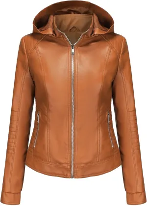 JEKE-DG Women's Classic Faux Leather Coat Removable Hooded Moto Biker Coat Jacket Open Front Cropped Fashion Coats
