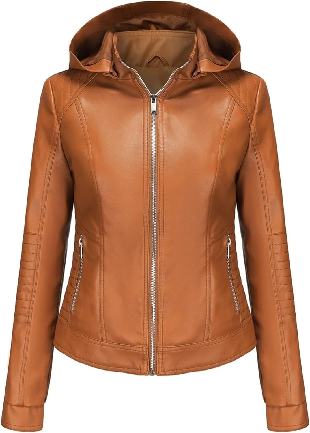 JEKE-DG Women's Classic Faux Leather Coat Removable Hooded Moto Biker Coat Jacket Open Front Cropped Fashion Coats