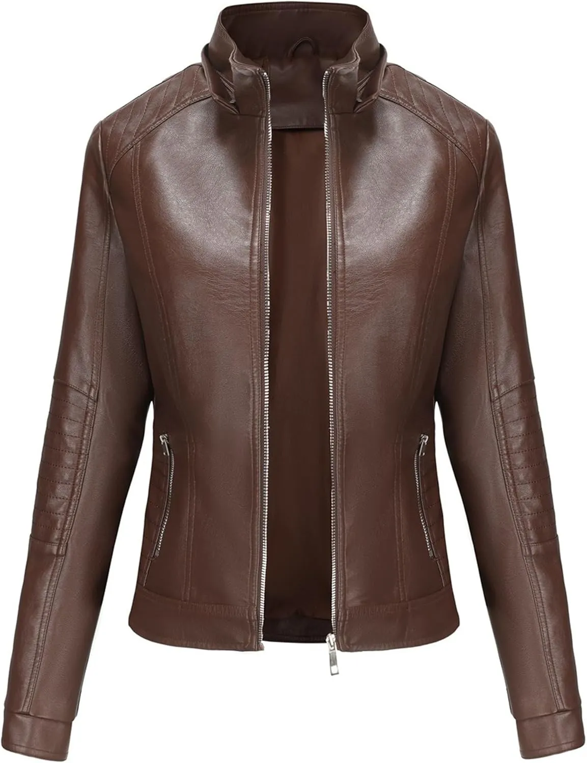 JEKE-DG Women's Classic Faux Leather Coat Removable Hooded Moto Biker Coat Jacket Open Front Cropped Fashion Coats