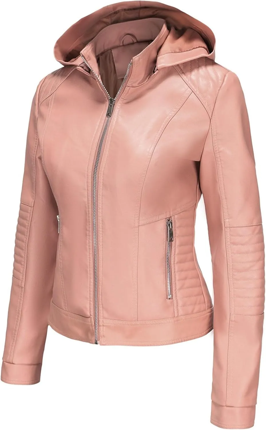 JEKE-DG Women's Classic Faux Leather Coat Removable Hooded Moto Biker Coat Jacket Open Front Cropped Fashion Coats