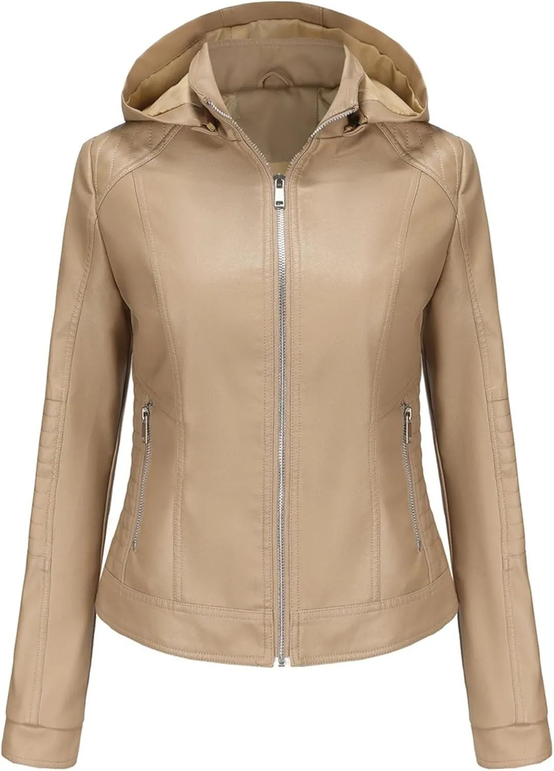 JEKE-DG Women's Classic Faux Leather Coat Removable Hooded Moto Biker Coat Jacket Open Front Cropped Fashion Coats