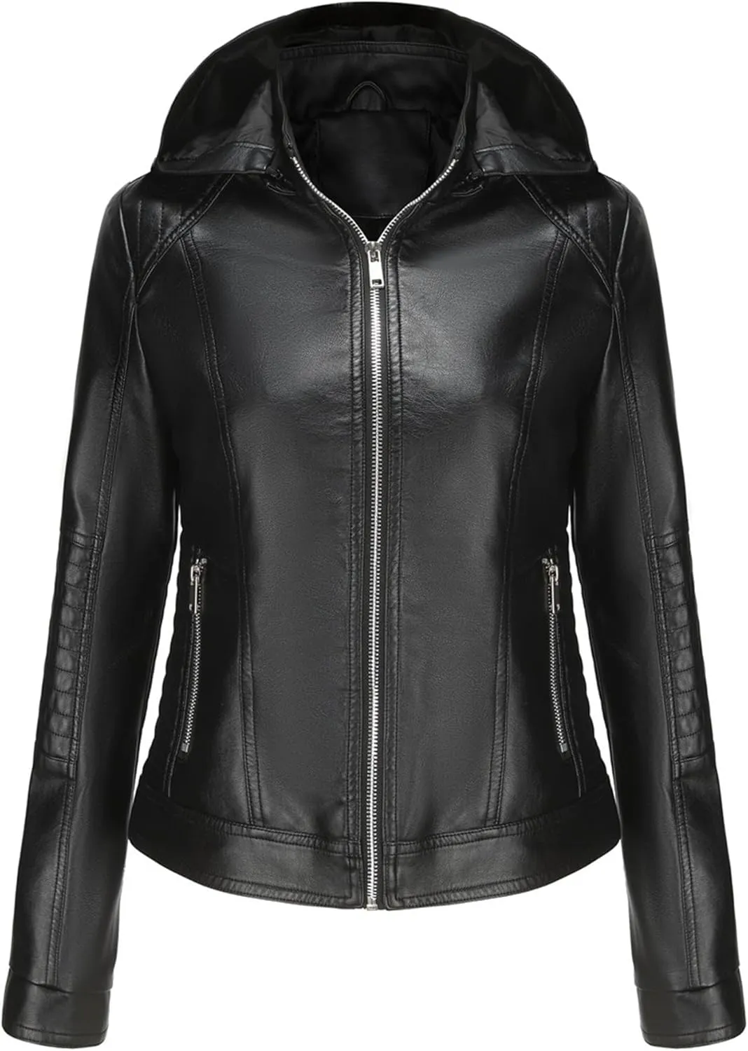 JEKE-DG Women's Classic Faux Leather Coat Removable Hooded Moto Biker Coat Jacket Open Front Cropped Fashion Coats