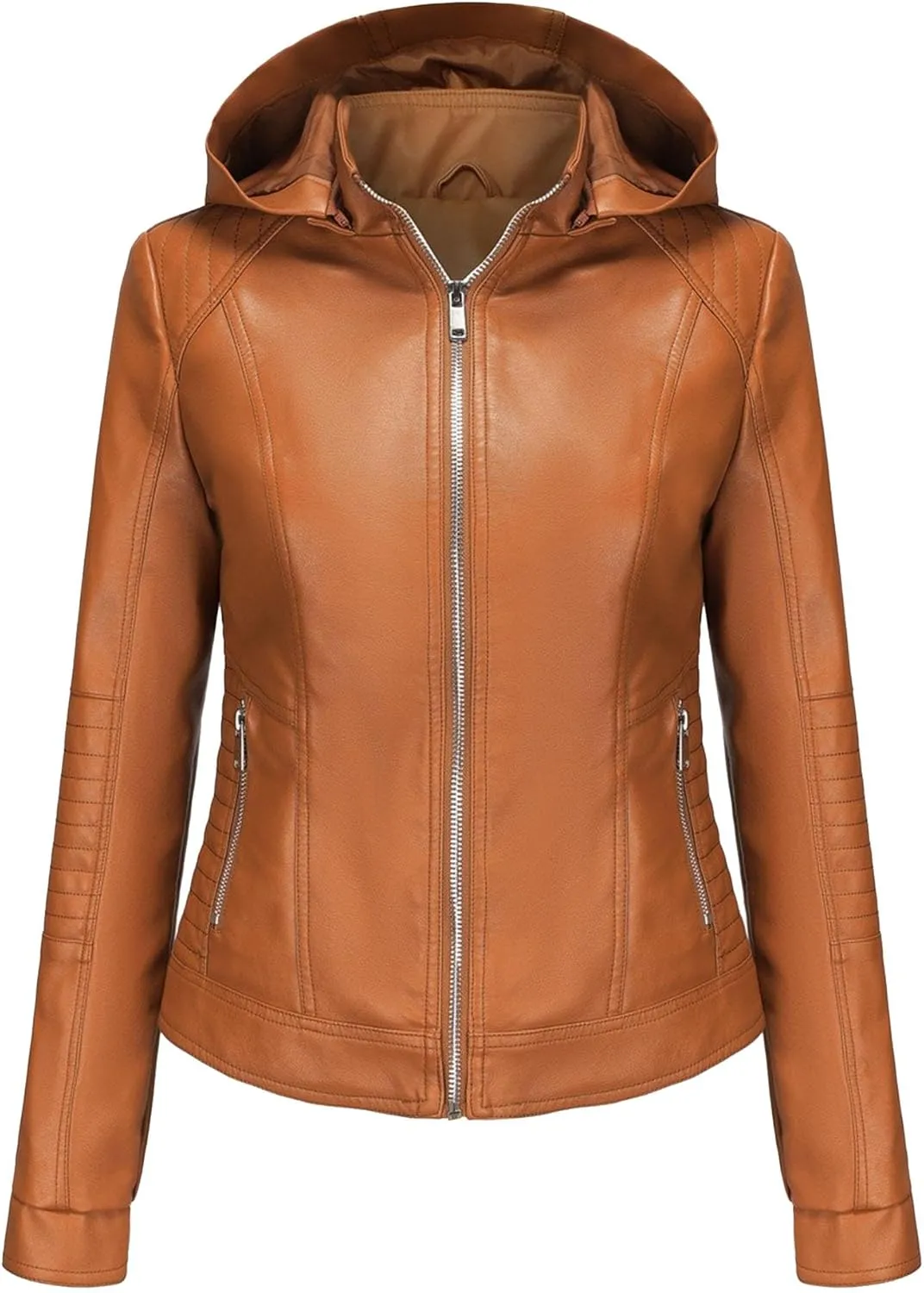 JEKE-DG Women's Classic Faux Leather Coat Removable Hooded Moto Biker Coat Jacket Open Front Cropped Fashion Coats