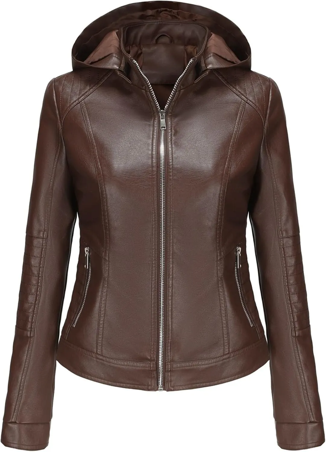 JEKE-DG Women's Classic Faux Leather Coat Removable Hooded Moto Biker Coat Jacket Open Front Cropped Fashion Coats