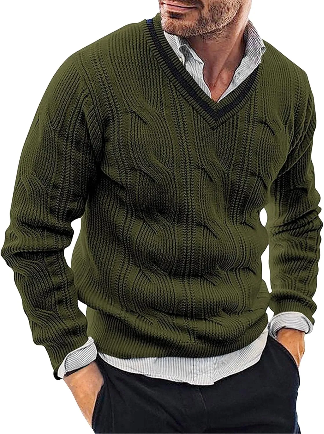 JEShifangjiusu Mens Fall Winter V Neck Knit Sweater Twisted Texture Knitted Pullovers Long Sleeve Ribbed Hem Sweaters