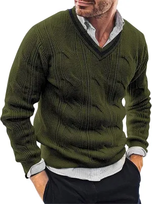 JEShifangjiusu Mens Fall Winter V Neck Knit Sweater Twisted Texture Knitted Pullovers Long Sleeve Ribbed Hem Sweaters
