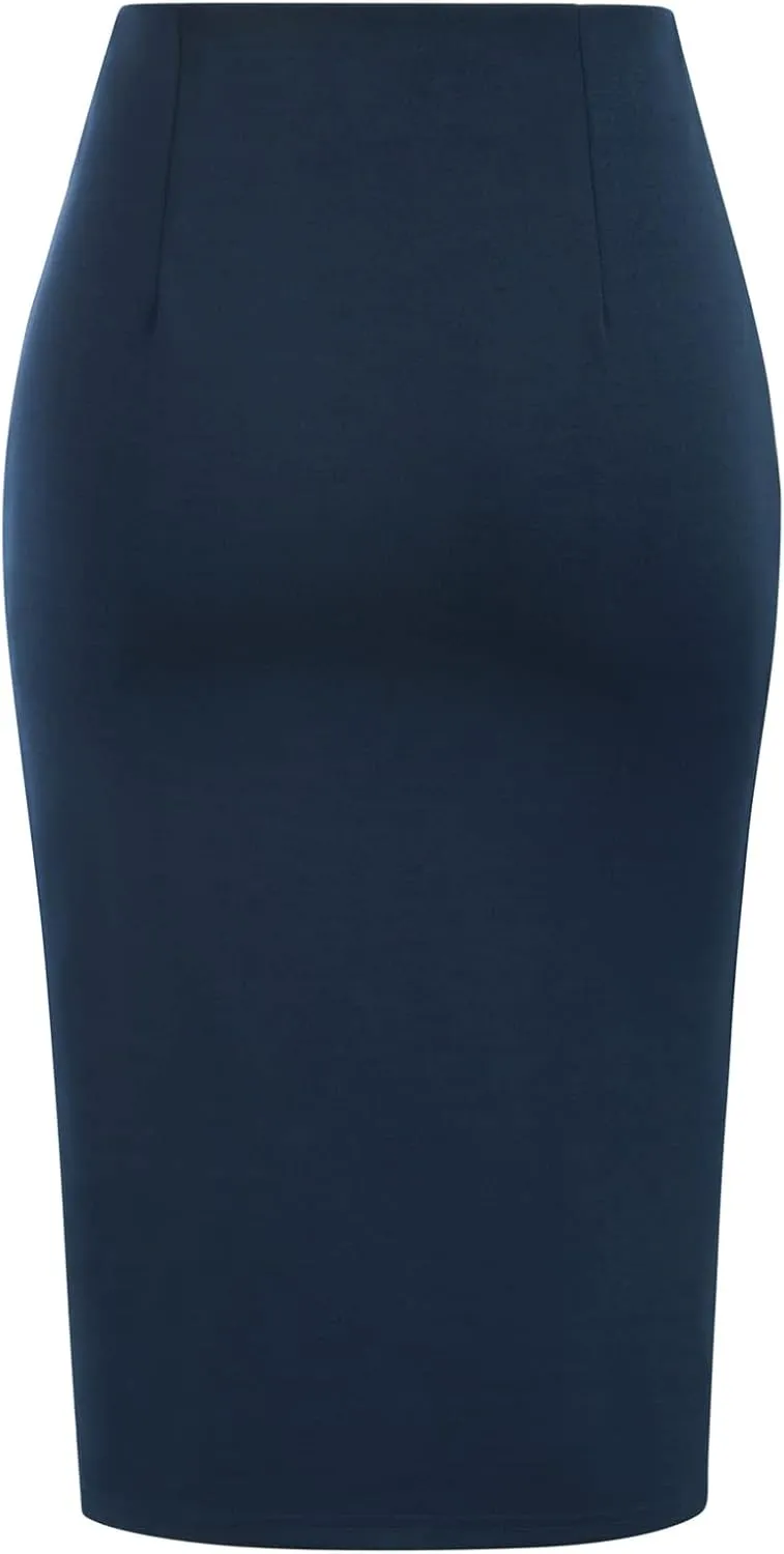 Kate Kasin Women's Skirt Elastic High Waist Bow Tie Knee Length Stretch Bodycon Pencil Skirts with Slit