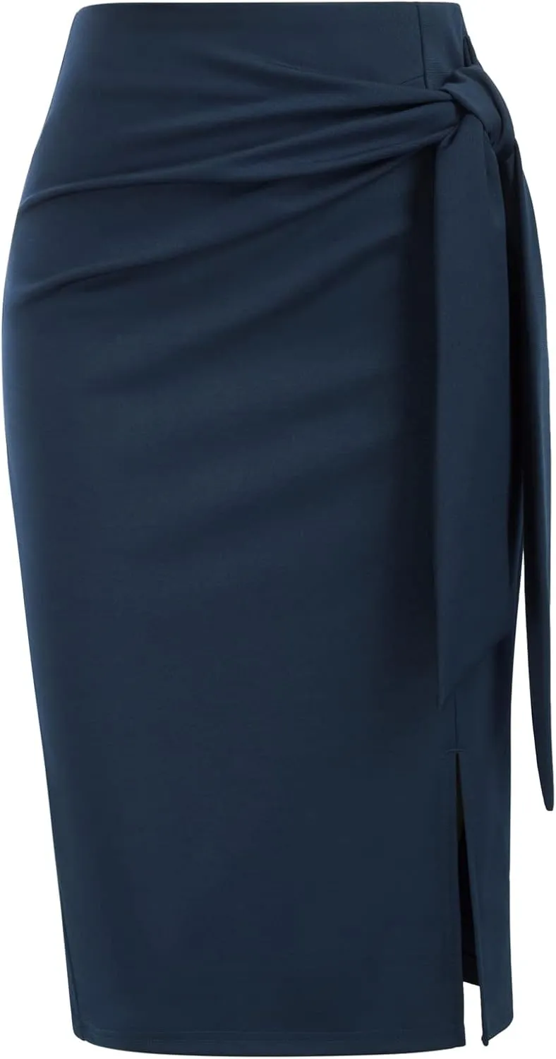 Kate Kasin Women's Skirt Elastic High Waist Bow Tie Knee Length Stretch Bodycon Pencil Skirts with Slit