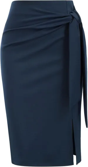 Kate Kasin Women's Skirt Elastic High Waist Bow Tie Knee Length Stretch Bodycon Pencil Skirts with Slit