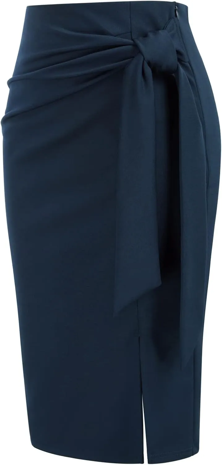 Kate Kasin Women's Skirt Elastic High Waist Bow Tie Knee Length Stretch Bodycon Pencil Skirts with Slit